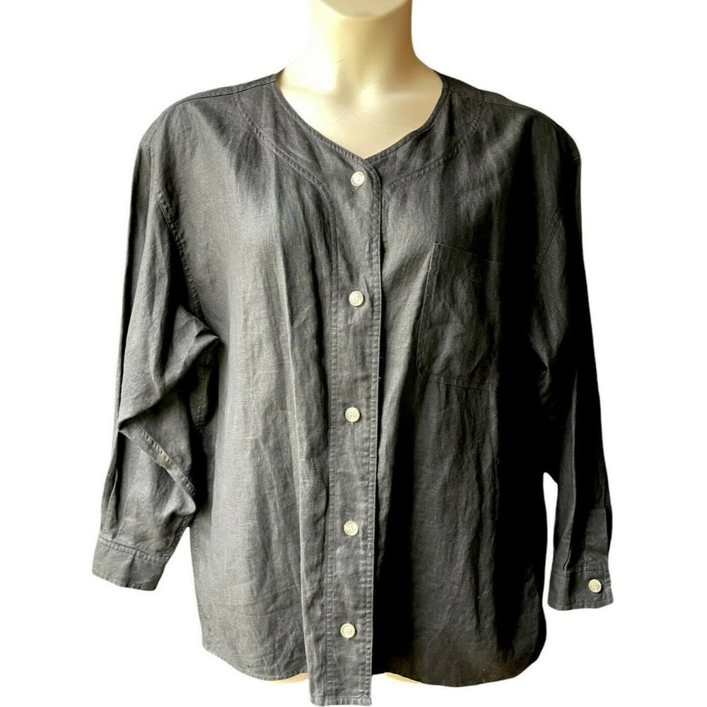 Vtg Cambridge Dry Goods Black Linen Lagenlook Tunic Top Womens Size 12 Button Up